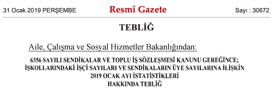 2019 Ocak Ayı İşkolu İstatistikleri Yayımlandı