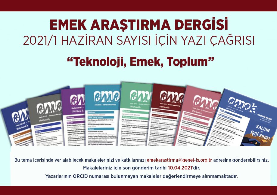 Emek Araştırma Dergisi Haziran Sayısı İçin Yazı Çağrısı ''Teknoloji, Emek, Toplum''